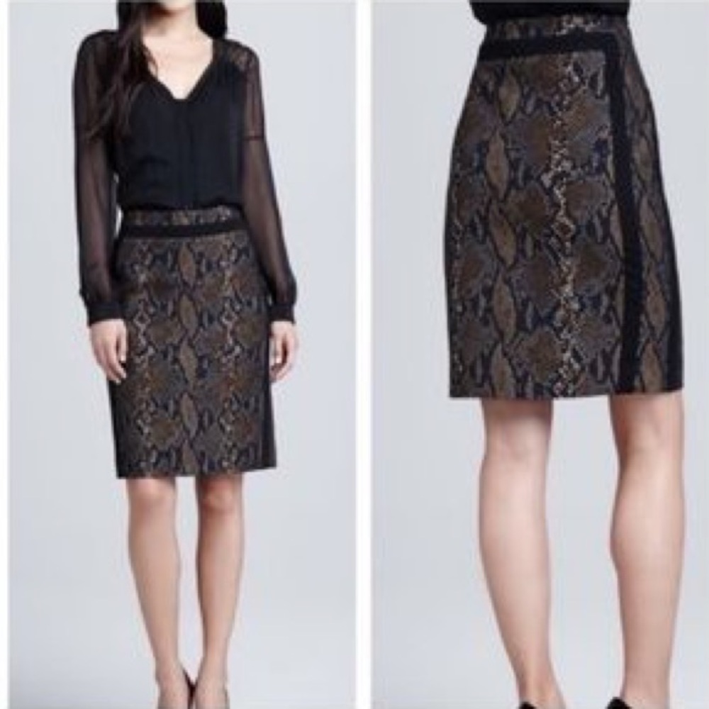 Diane Von Furstenberg Black and Brown Snake-Print Pencil Skirt
